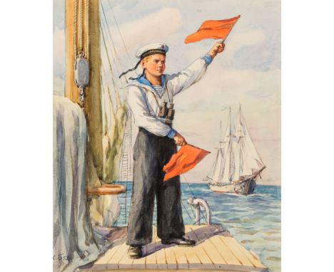 SOLOMON SAMSONOVICH BOIM (RUSSIAN 1899-1978)A Young Sailor Marshalling the Ships. Design for a Cover of Barvinok Magazine, 19