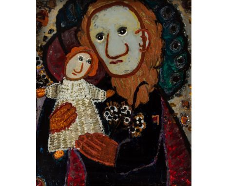 LEOKADIA PLONKOWA (POLISH 20TH CENTURY)St. Joseph with the Christ Child, 1963mixed media on glass36.3 x 31.3 cm (14 1/4 x 12 