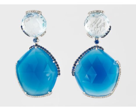 A PAIR OF STATEMENT EARRINGS WITH BLUE TOPAZ, AGATE, SAPPHIRES AND DIAMONDS the top section with a coin briolette cut blue to