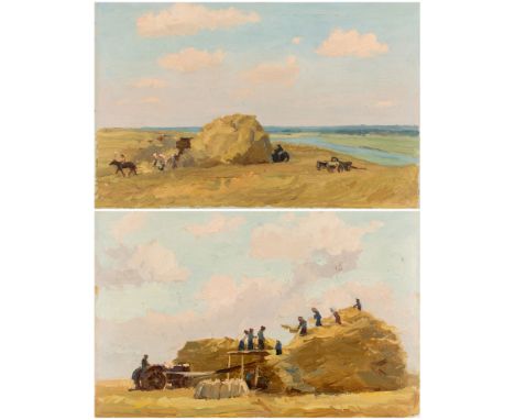 A PAIR OF WORKS BY NIKOLAI STEPANOVICH TROSHIN (RUSSIAN 1897-1990)Haymaking, oil on paper boardeach: 18 x 27.5 cm (7 1/8 x 10