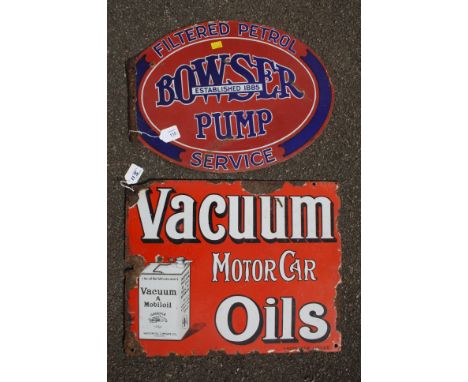 A double sided vintage hard enamel Vacuum Motor Oil advertising sign, Protector Eccles, 41 x 51cm, together with a vintage ha