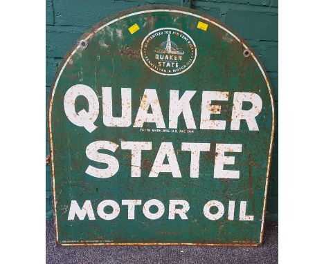 A vintage hard enamel Quaker State motor oil advertising wall sign, of arch topped form, 68cm wide