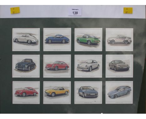 A framed print of Porsche cigarette cards