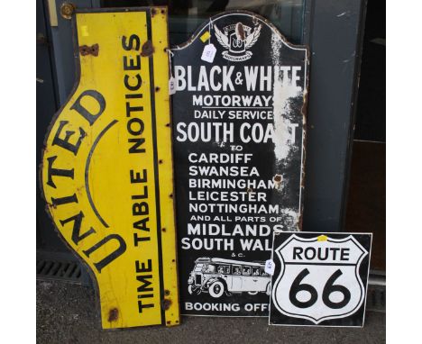 A vintage hard enamel United Time Table Notice wall sign, together with a hard enamel Black & White Motorways and a reproduct