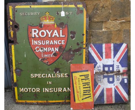 A vintage hard enamel BP Motor Spirit tabbed advertising sign, together with a Royal Insurance Company Ltd and a Pertrix sign