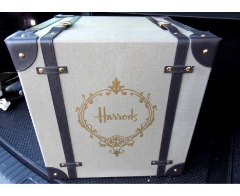 Harrods of London, a large picnic hamper box, leather straps, brass fittings, good condition, no contents, 16 x 16 x 16in