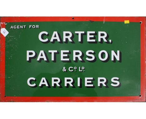 A vintage hard enamel Carter Paterson & Co, Carriers Agents, advertising wall sign, of rectangular form, 80cm wide