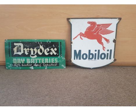 A vintage hard enamel Mobil Oil advertising wall sign, 39cm wide, together with a vintage lithographed Drydex Dry Batteries a