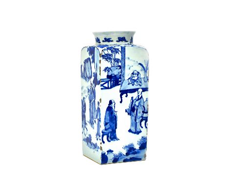 A Chinese blue and white flask, Kangxi, of square section, each side painted with  figurative scenes, the shoulders painted w