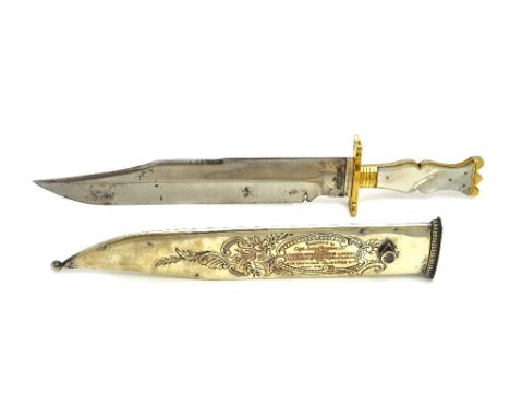 A massive steel hunting knife by Broomhead & Thomas, 'Celebrated American hunting knife', with single edged steel blade (32cm