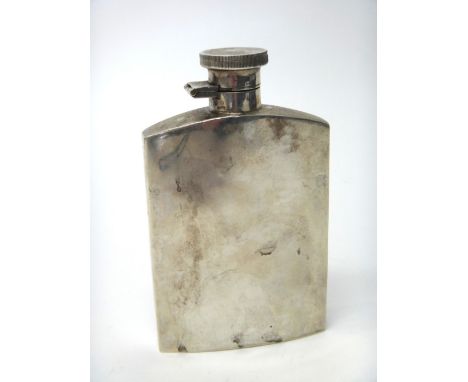 A silver spirit flask of curved rectangular plain form, with a milled edged circular top, Birmingham 1937, height 13.5cm, gro