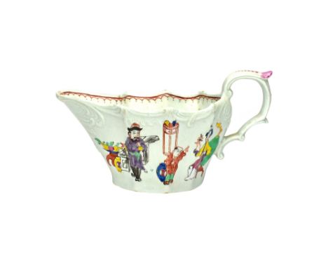A Christian's Liverpool flared oval sauceboat, circa 1765, painted in a famille-rose palette with Chinese figures, stands and
