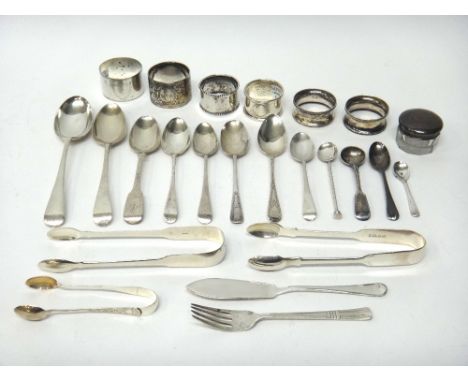 Silver and silver mounted wares, comprising; three pairs of sugar tongs, a butter knife, a fork, two dessert spoons, two cond