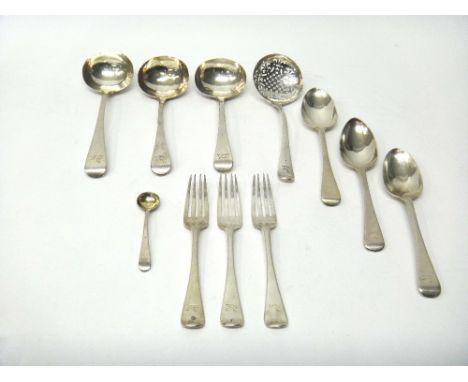 Silver Old English pattern table flatware, comprising; three dessert forks, London 1887, three dessert spoons, mixed dates, a