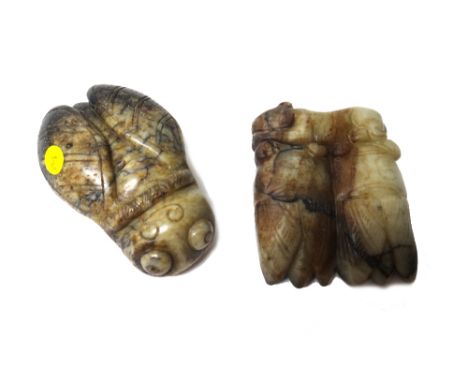 A Chinese brown and jade carving of two cicadas, possibly Song/Ming dynasty, carved side by side and surmounted by a recumben