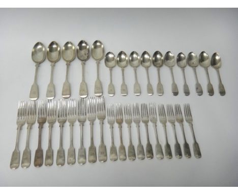 Silver fiddle pattern table flatware, comprising; nine table forks, five tablespoons, ten dessert forks and ten dessert spoon