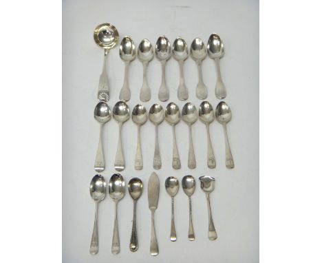 Silver table flatware, comprising; a Scottish fiddle and shell pattern sauce ladle, Edinburgh 1820, a set of six Old English 