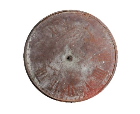 A Victorian 36in. copper turret clock dial Together with under dial wheel-work and a cast-iron wall bracket with projecting s