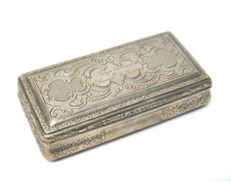 An Austrian snuff box, of bombe rectangular form, gilt within, the exterior engraved Eliza Walker to Samuel Walker, otherwise