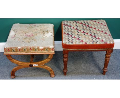 A Victorian satin birch 'X' frame footstool, with square tapestry top, 50cm wide x 43cm high, together with another square fo