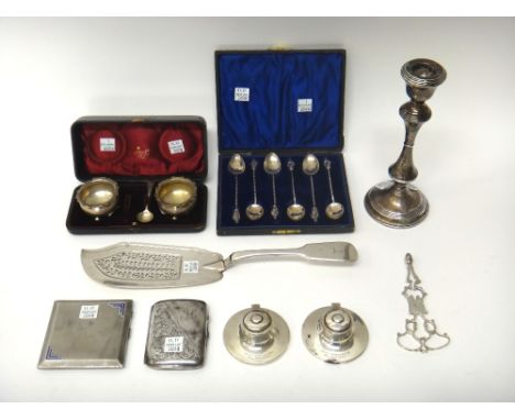 Silver and silver mounted wares, comprising; a set of six teaspoons, having spiral stems and with figure terminals, Birmingha