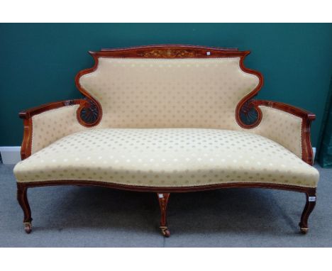 A late Victorian marquetry inlaid rosewood tub back sofa, with serpentine seat on squat cabriole supports, 153cm wide x 90cm 