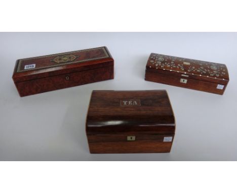 A 19th century brass inlaid amboyna glove box, 31cm wide, a similar mother-of-pearl inlaid glove box, 26cm wide, and a rosewo