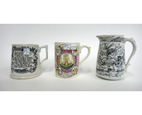 A quantity of 'Farmers Arms' and 'God Speed the Plough' pottery including; a bat printed jug (20.5cm high), various loving cu