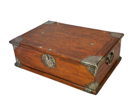 A late 17th/early 18th century Chinese hardwood and engraved paktong mounted writing box, possibly Huanghuali, of the style a
