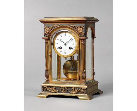 A French gilt brass four-glass mantel clockIn the Empire Revival style, circa 1900, Maple & Co., ParisThe rectangular case wi