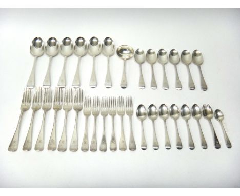 A Victorian silver Old English pattern part table service, comprising; six table forks, London 1861, six table spoons, London