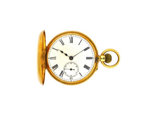 A gentleman's gold cased, keyless wind, half hunting cased pocket watch, the gilt three quarter plate lever movement detailed