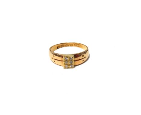 A Victorian 18ct gold and diamond set ring, in a rectangular design, mounted with six cushion shaped diamonds, Chester 1885, 