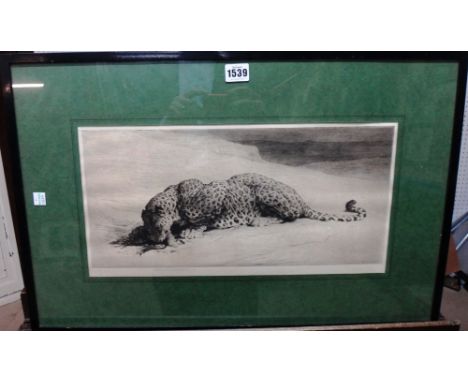 Herbert Thomas Dicksee (1862-1942), Leopard with jungle fowl, etching, signed in pencil, 20cm x 43cm.