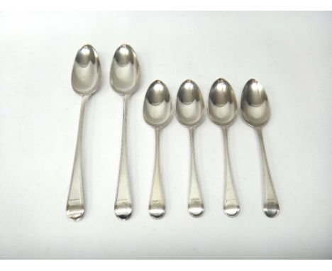 George III silver double-struck fiddle and thread pattern table flatware, comprising; a pair of basting spoons, London 1787 a