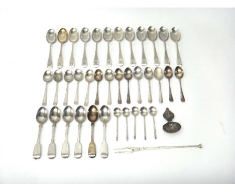 Silver table flatware, comprising; twelve similar Old English pattern teaspoons, Sheffield mostly 1895, six fiddle pattern te