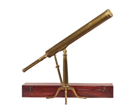 A Ramsden 3 inch brass telescope, 19th century, with height adjustment on a folding tripod stand, (tube 95.5cm) with fitted m