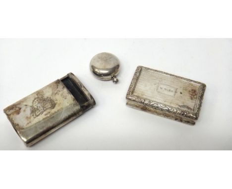 Silver, comprising; a slide action vesta box of curved rectangular form, detailed 'The Times 1926', by Goldsmiths and Silvers