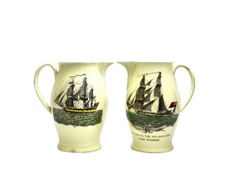 Two English creamware transfer printed martime jugs, circa 1800, probably Liverpool, both with coloured war ships at full sai
