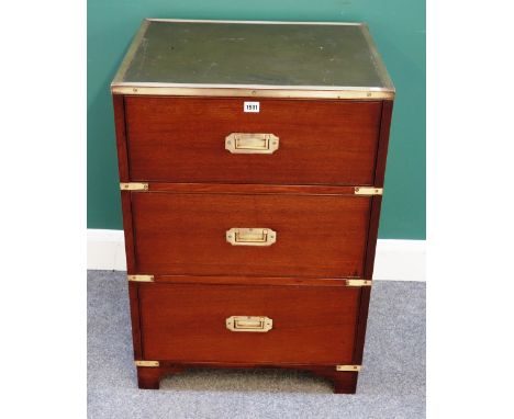 A campaign style brass bound mahogany three drawer pedestal, on bracket feet, 58cm wide x 85cm high x 47cm deep.