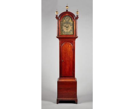 A George III oak longcase clockThe movement by Jacob Riviere, LondonThe case with a broken arched pediment surmounted by thre