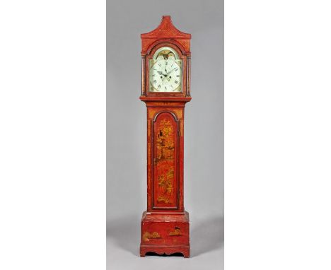 A George III parcel-gilt red lacquer longcase clockThe movement by B. Russell,  NorwichThe arched pediment above a glazed pan