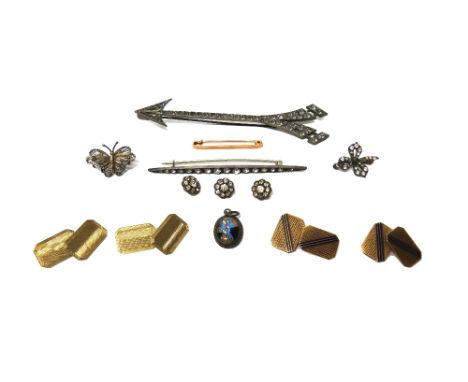 A pair of 9ct gold cut cornered rectangular cufflinks, with engine turned decoration, Birmingham 1945, a pair of gold, blue a
