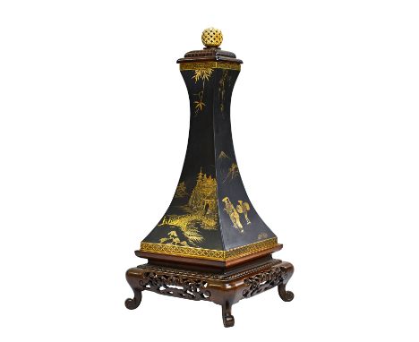 A Komai type waisted square lamp base/vase, early 20th century, of tapered square section with gilt overlay on iron,  two sid