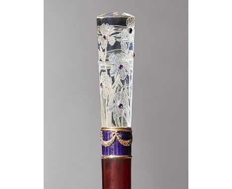 A cased rock crystal and amethyst parasol/sunshade or "entoutcas" handle, with gold and enamel mounts, retailed by Vickery Lo