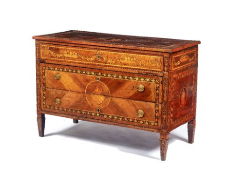 In the manner of Giuseppe Maggiolini; an 18th century Italian neo-classical marquetry inlaid walnut three drawer commode, on 