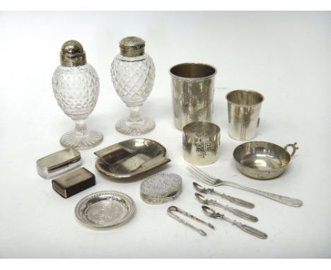 Foreign and plated wares, comprising; two beakers, a tasse de vin, an ashtray, two napkin rings, three miniature filigree spo