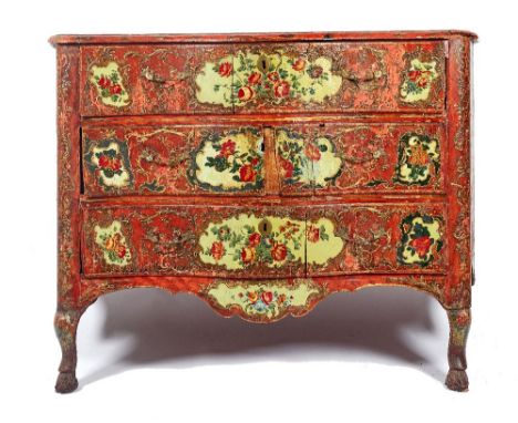 An 18th century Sicilian polychrome painted and scarlet lacquered serpentine three drawer commode, on tall hoof feet, 141cm w