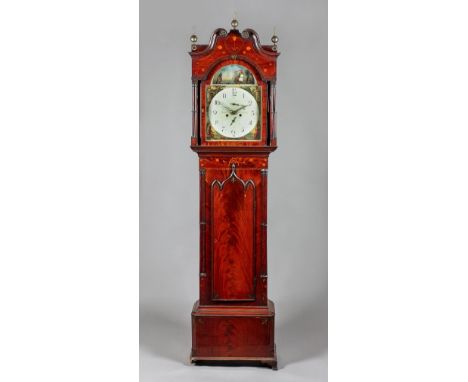 A Regency mahogany and marquetry inlaid longcase clockThe movement by Davies, North ShieldsThe hood with a swan neck pediment