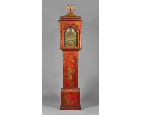 A parcel-gilt red lacquer longcase clockMid 18th century and laterThe movement by Thomas May, HerefordThe arched case surmoun